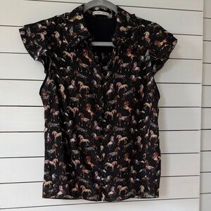 Alice + Olivia Black Equestrian Horse-Print Button Front Top